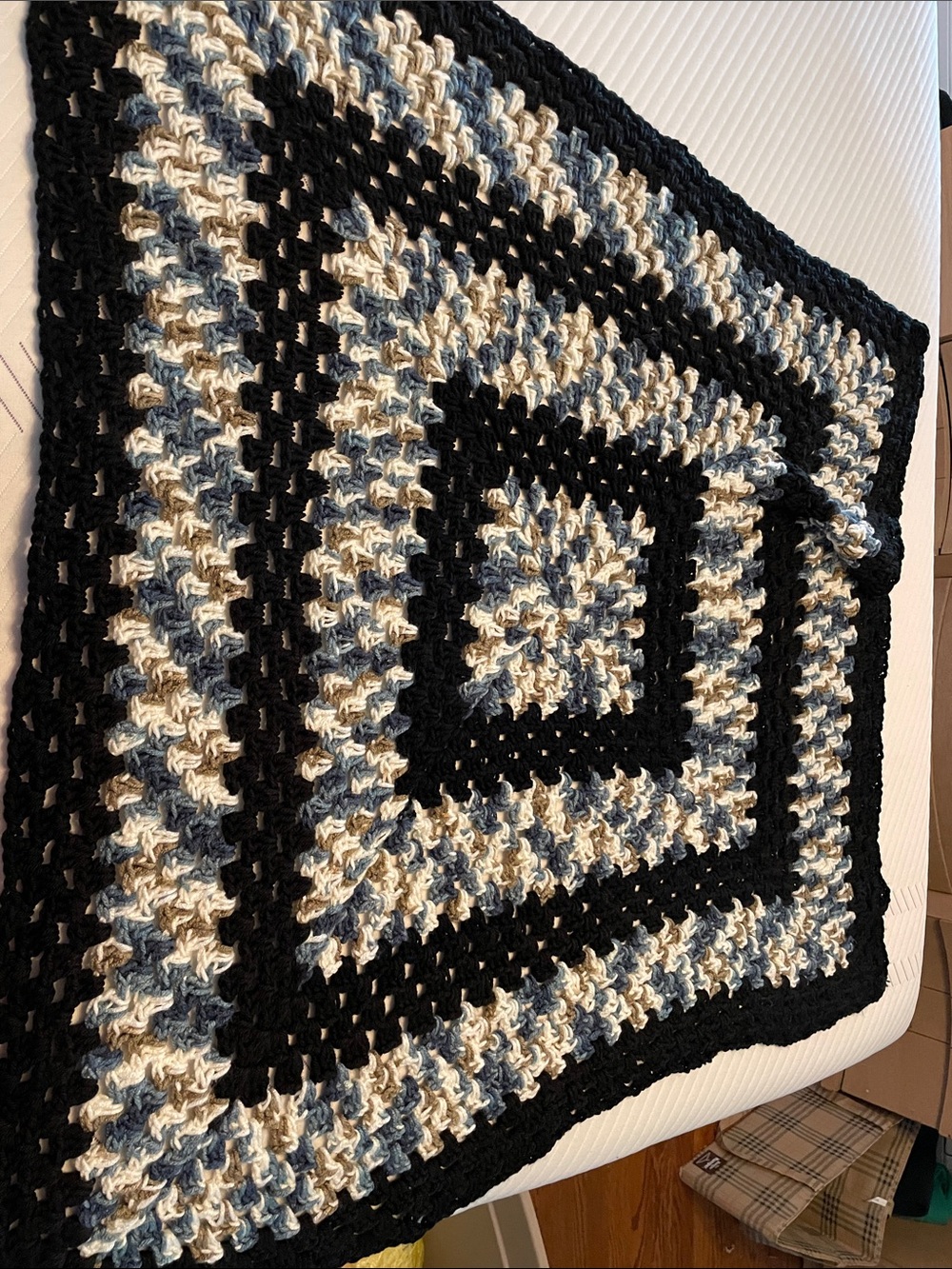 36” Handmade Crochet granny square Throw Blanket in Black, brown& blue